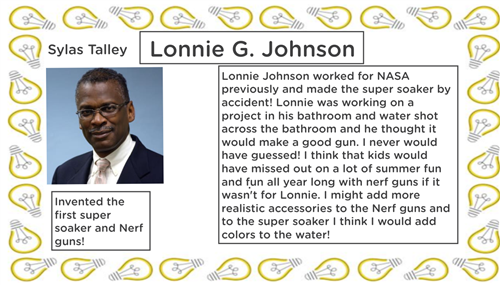Photo shows a slide with photo and information about inventor Lonnie G. Johnson.